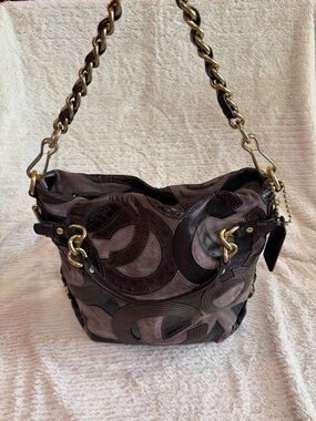 Coach Patchwork Brown Suede & Leather Shoulder Bag with Gold Chain